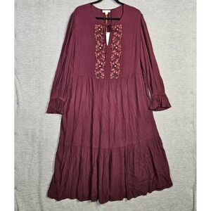 Knox Rose Womens XL‎ Burgundy Embroidered Boho Dress Peasant NWT